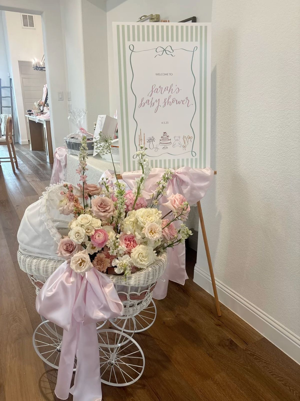 Baby shower bassinet floral arrangement